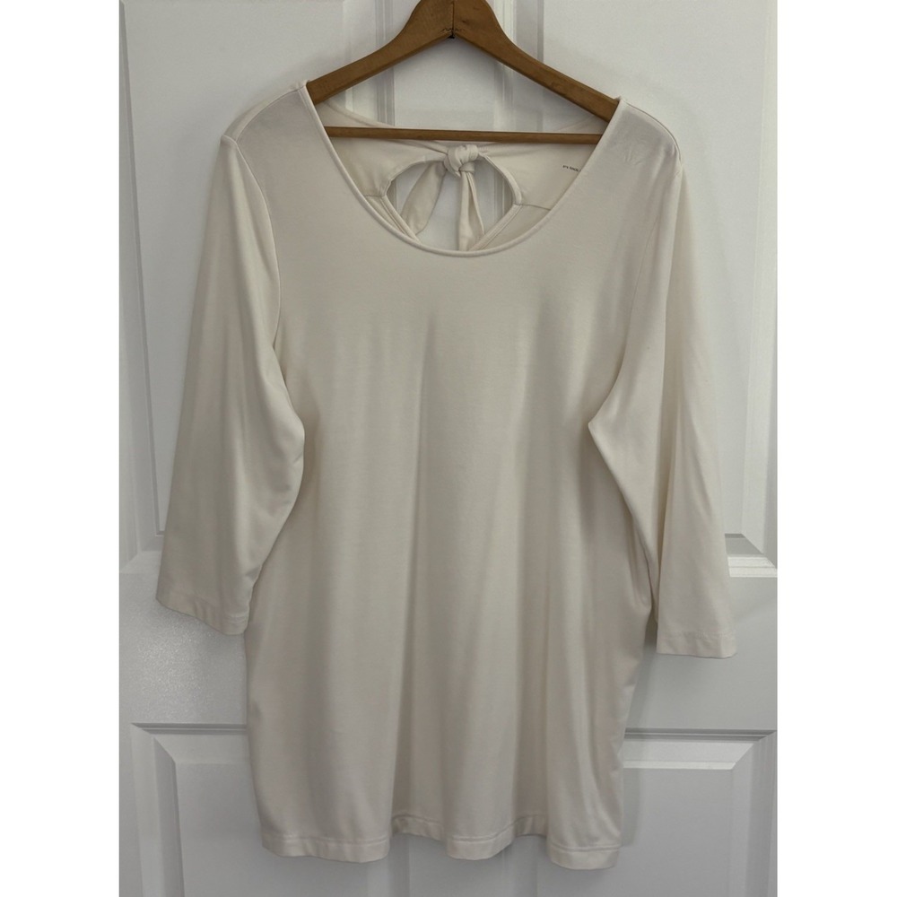 J. Jill Fit Tie‎ Back Tunic Top 3/4 Sleeve White Side Slits Stretch Size L 0566